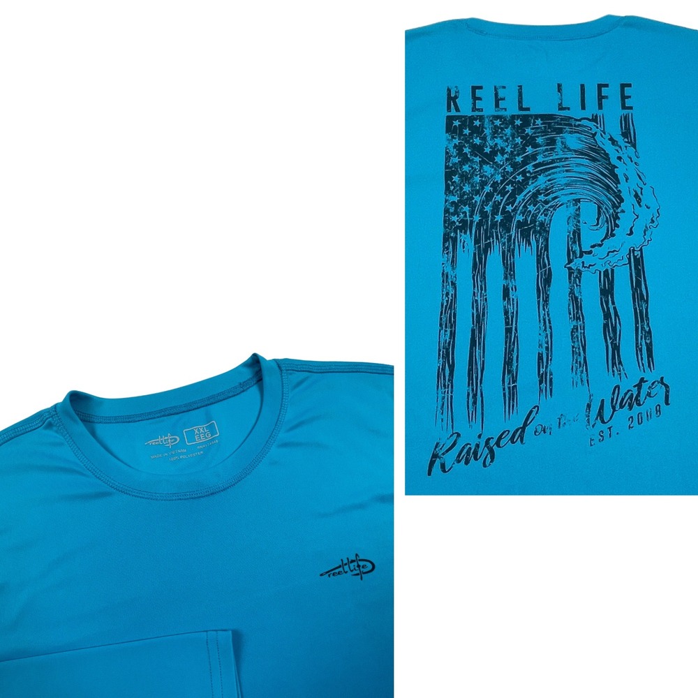 Reel Life Men XXL Raised on the Water UV Performance Fishing Shirt Hawaiian Blue